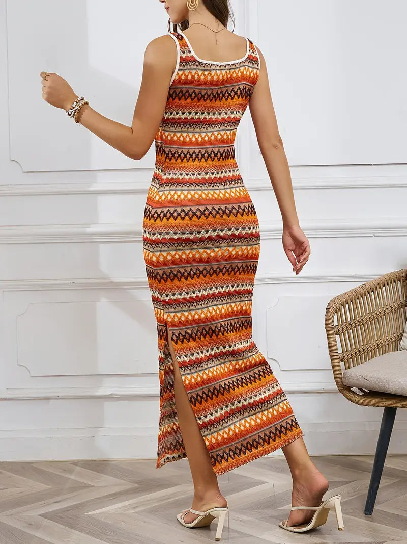 Gestreepte gebreide maxi -jurk