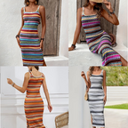 Gestreepte gebreide maxi -jurk