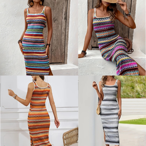 Gestreepte gebreide maxi -jurk