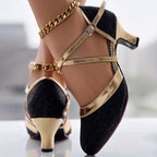 Womens Glitter DOrsay Latin Dance Shoes Crisscross Buckle Strap Chunky Mid Heels AllMatch Dress Dance Pumps